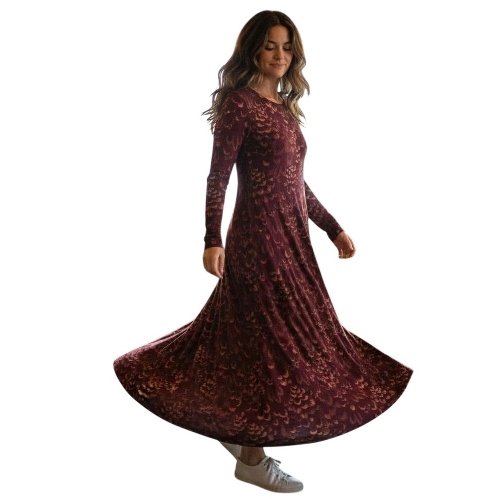 LOFT Plume Godet Maxi Dress Swing Fit n Flare Long Sleeve NWT Large